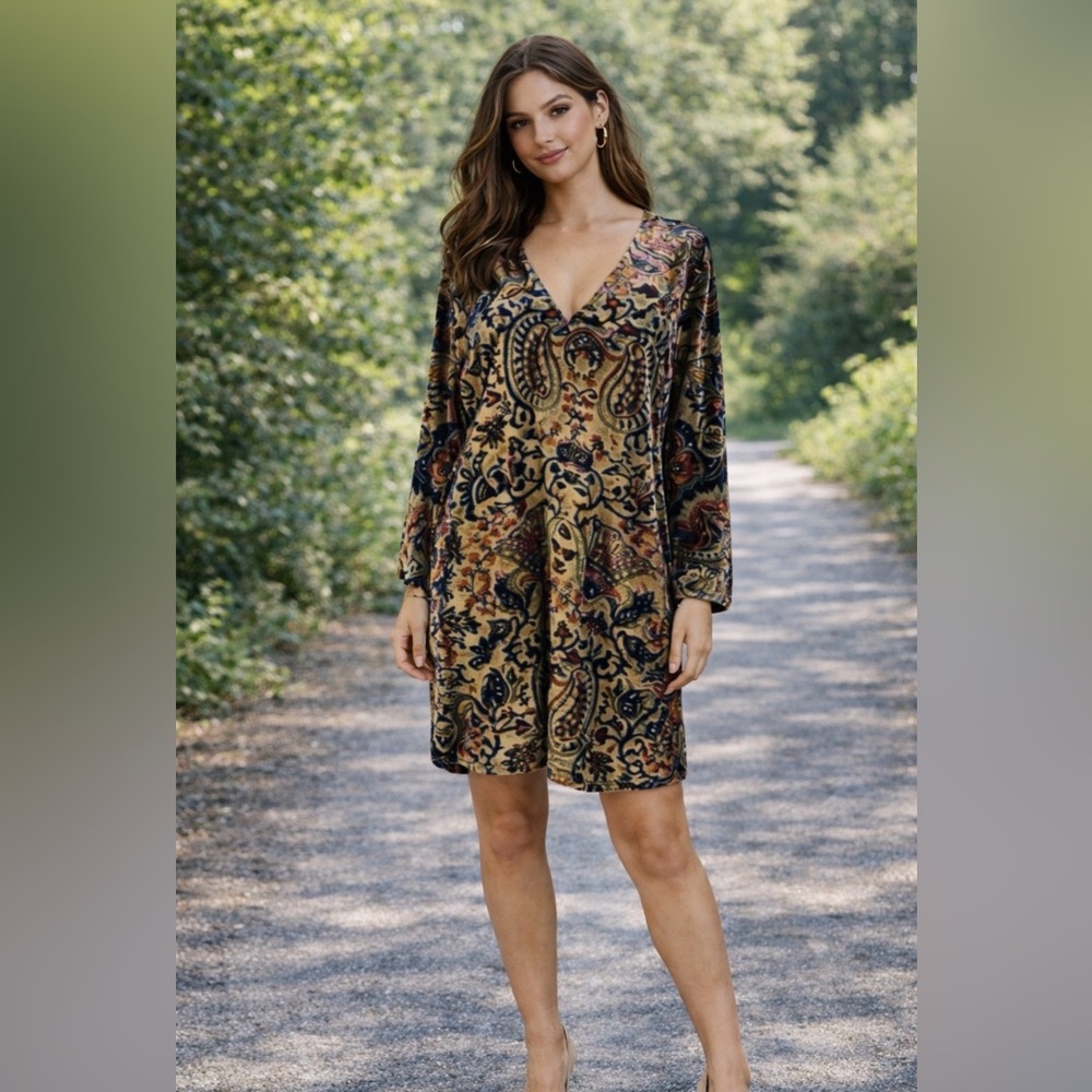 Anthropologie Lavender Brown M Shift Dress Colorful Velvet Long Sleeve V Neck